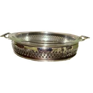 VTG Pyrex Glass Round Dish With Silverplated Holder W/ HandlesBaking Dish;no lid